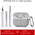 Airpods Pro 3. Nesil Uyumlu Darbelere Dayanıklı Askı Aparatlı Silikon Kılıf ve Elektronik Temizleme Kalemi - Gri