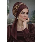 Aişe tesettür Acı Kahve Gold Motifli Atkılı Abiye Bone