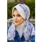 Aişe tesettür Beyaz Mavi Desenli Fularlı Şapka Bone
