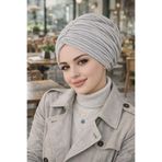 Aişe tesettür Gri Çizgili Büzgülü Salaş Bone