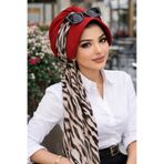Aişe tesettür Kırmızı Zebra Desen Fularlı Şapka Bone