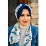 Aişe tesettür Lacivert Beyaz Yaprak Fularlı Şapka Bone