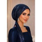 Aişe tesettür Lacivert Payetli Abiye Eşarp Bone