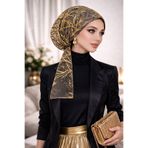 Aişe tesettür Siyah Gold Simli Abiye Eşarp Bone