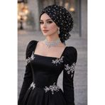 Aişe tesettür Siyah Gümüş Simli Abiye Tokalı Bone