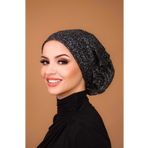 Aişe tesettür Siyah Gümüş Simli Çağla Abiye Hazır Türban Bone
