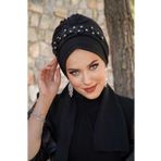 Aişe tesettür Siyah Taş Nakışlı Abiye Atkılı Bone