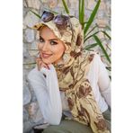 Aişe tesettür Uçuk Sarı kahve Desen Kepli Bandana Şapka Şal