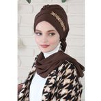 Aisha's Design HT-28 Kahverengi Gold Aksesuarlı Tasarım Şifon Hazır Türban