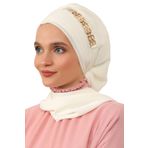Aisha's Design HT-28 Krem Gold Aksesuarlı Tasarım Şifon Hazır Türban