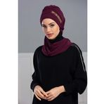 Aisha's Design HT-28 Mürdüm Gold Aksesuarlı Tasarım Şifon Hazır Türban