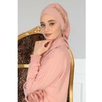 Aisha's Design HT-28 Pudra Gold Aksesuarlı Tasarım Şifon Hazır Türban