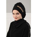 Aisha's Design HT-28 Siyah Gold Aksesuarlı Tasarım Şifon Hazır Türban