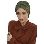 Aisha's Design HT-93 Haki Yeşili Aerobin Kumaş Aksesuarlı Hazır Türban