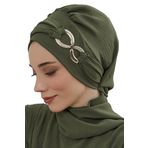 Aisha's Design HT-94 Haki Yeşili Aerobin Aksesuarlı Kumaş Hazır Türban