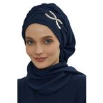 Aisha's Design HT-94 Lacivert Aerobin Aksesuarlı Kumaş Hazır Türban