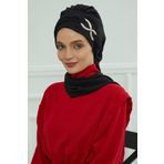 Aisha's Design HT-94 Siyah Aerobin Aksesuarlı Kumaş Hazır Türban