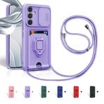 Aithne Samsung Galaxy M34 5G için kılıf, cep telefonu zinciri, sürgülü kamera koruması, silikon cep telefonu kılıfı, zincir asmak için, 360 derece halka tutucu, stant kart bölmesi, lila