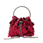 AJOHBM Zincir pullu omuzdan askili çanta hediye yuvarlak saplı püskül Crossbody çanta Mini kova parlak çanta kadın