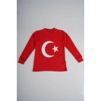 Ak Giyim Uzun Kollu Kız Çocuk T-Shirt Pamuklu Bayrak Baskılı Günlük Kullanım İçin Şık Tasarım - Kırmızı