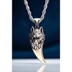 Ak Store Silver Erkek Kurt Dişi Üzerine Bozkurt Işleme Figürlü K-102 Paslanmaz Kromix Çelik Gümüş Kaplama Kolye Madalyon - 60 cm