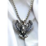 Ak Store Silver Gümüş Kaplama K-132 Paslanmaz Kromix Erkek Kolye Madalyon Bilgeliğin Sembolü Kanadı Açık Baykuş