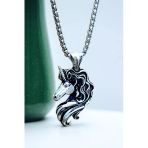 Ak Store Silver Gümüş Kaplama K-153 Paslanmaz Kromix Erkek Kolye Madalyon Boynuzlu At Unicorn