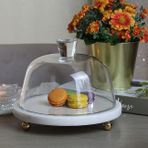 Akayev Mermer 25 CM Altın Boncuk Ayaklı Beyaz Kalın Cam Fanus