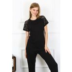 Akbeniz 4147-Siyah Kolu Dantelli Penye Kadın Pijama Takım