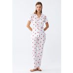 Akbeniz Kadın Beyaz Kırmızı Kalpli Önden Düğmeli Pijama Takımı