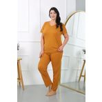 Akbeniz Kadın Büyük Beden Kısa Kol Penye Pijama Takımı Hardal 202405
