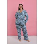 Akbeniz Kadın Büyük Beden Mavi Tropikal Desenli Düğmeli Pijama Takımı - 6XL