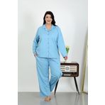 Akbeniz Kadın Büyük Beden Pamuklu Cepli Düğmeli Mavi Pijama Takım 202504