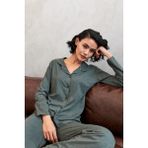 Akbeniz Kadın Haki Düğmeli Pamuklu Pijama Takımı