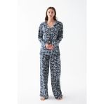 Akbeniz Kadın Lacivert “Paris” Yazı Desenli Düğmeli Pamuklu Pijama Takımı