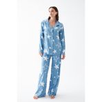 Akbeniz Kadın Mavi Yıldız Desenli Düğmeli Pamuklu Pijama Takımı