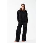Akbeniz Kadın Oversize Siyah Çiçek Desenli Pamuklu Kalın Pijama Takımı