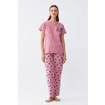 Akbeniz Kadın Somon Kalp Desenli Kısa Kollu Penye Pijama Takımı