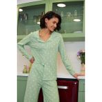Akbeniz Kadın Yeşil Kalp Desenli Düğmeli Pamuklu Pijama Takımı