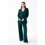 Akbeniz Kadın Zümrüt Yeşili Önden Düğmeli Rahat Kesim Pijama Takımı