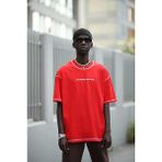 Akçaylar Oversize Bisiklet Yaka Baskılı ve Zikzak Dikiş Detaylı Erkek Yazlık T-Shirt - Kırmızı