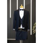 Akçaylar Regular Fit Düz Kumaş Şal Yaka (Yaka Çıkmalı) Papyonlu Yelekli Smokin Takım Elbise - Lacivert - 56 / 6