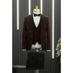 Akçaylar Slimfit (Skinny Kesim) Şal Desenli Sivri Sabit Yaka Yelekli Papyonlu Smokin Takım Elbise - Bordo - 44 / 6