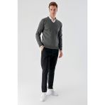 Akçaylar Slimfit V Yaka Düz Basic Model Pamuklu Erkek Uzun Kol Triko Kazak - 2XL - Antrasit