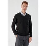 Akçaylar Slimfit V Yaka Düz Basic Model Pamuklu Erkek Uzun Kol Triko Kazak - 3XL - Siyah