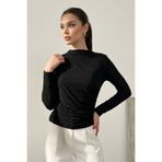 AKD Atelier Kadın Bluz Taşlı Drapeli Uzun Kollu Sandy Kumaş Kısa Şık Bluz