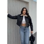 AKD Atelier Kadın Crop Ceket Suni Deri Yakası Kürklü Fermuarlı Çift Cepli Kısa Deri Mont - 40 - Siyah
