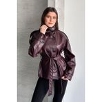 AKD Atelier Kadın Suni Deri Ceket Kuşaklı Düğmeli Uzun Kollu Cepli Dik Yaka Deri Trençkot - Bordo - 36