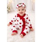 Aki Moda Kids Kırmızı Kalp Desenli Uzun Kollu Kız Bebek Tulum Bandanalı - 240-Kırmızı - 9 - 12 Ay