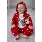 Aki Moda Kids Kız Bebek Kapüşünlu Kalpli Desenli Ayıcık Figürlü Bebek Eşofman Takımı (3’lü Set) - 18 - 24 Ay - 023-Kırmızı